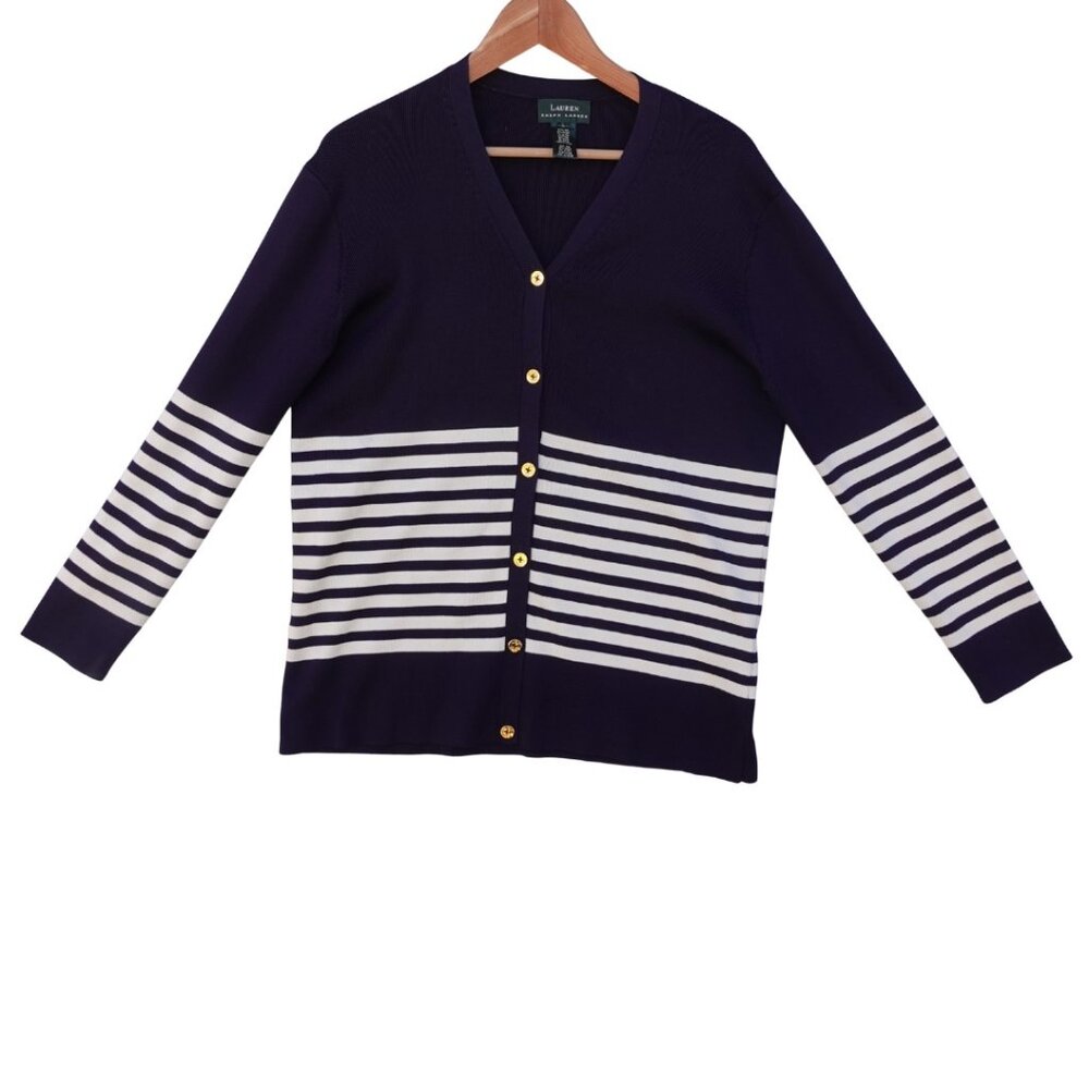 Lauren Ralph Lauren Women's Large Navy Striped Cardigan Sweater Silk Blend